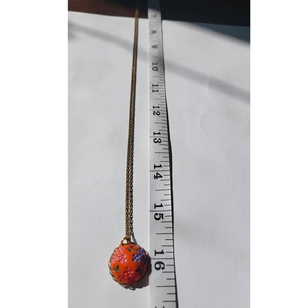 Vintage Art Glass Orange Floral Round Pendant Necklace Vintage Brass Chain - Picture 4 of 8